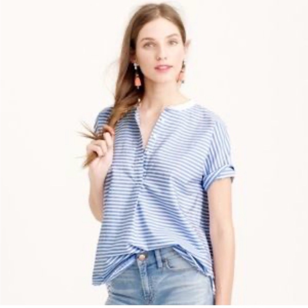 J. Crew - Light Blue and White Striped Short Sleeve Popover Shirt